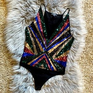 Express V-Neck Sequin Thong Bodysuit